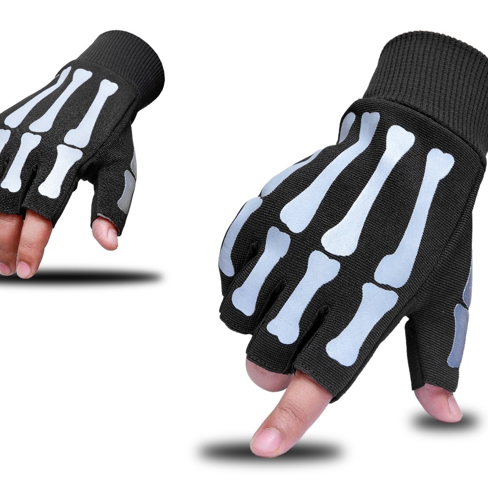 Fingerless Bones Print Textile Gloves Unisex